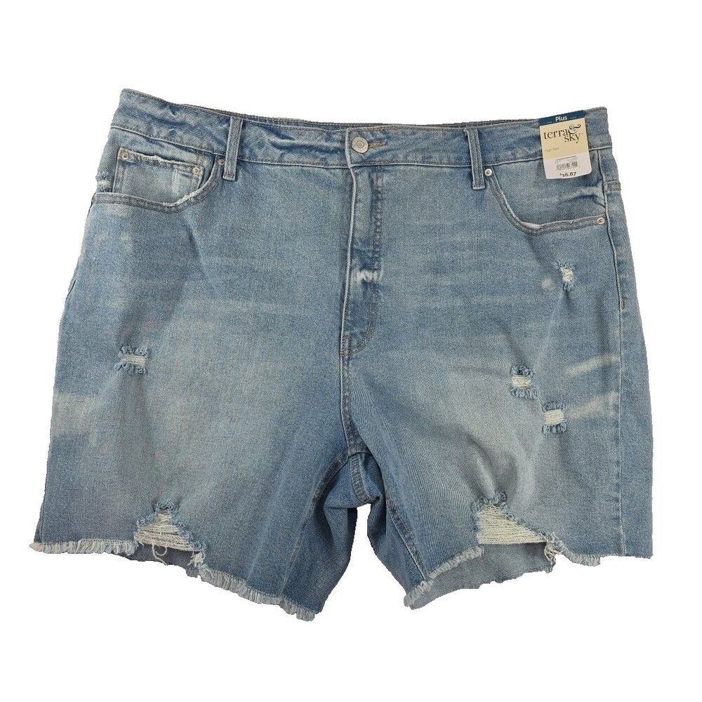terra & Sky Plus High Rise Distressed Denim Shorts Women’s 20 W Stretch NWT